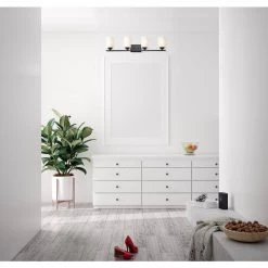 Brand new ✔️ Aliana 31 in. 4-Light Matte Black Modern Vanity Light with Etched White Glass Shades by Edvivi 🎉 -Deals Edvivi || Atlas Store matte black edvivi vanity lighting ew6054 bk 1f 1000