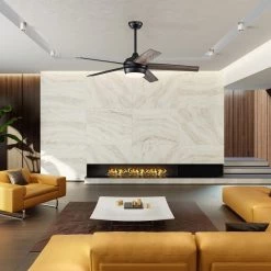 Promo 🔔 52 in. Integrated LED Indoor Matte Black 5-Blade Ceiling Fan with Light Kit and Remote Control by Edvivi 🤩 -Deals Edvivi || Atlas Store matte black textured oak edvivi ceiling fans with lights ffg7735bk 1f 1000