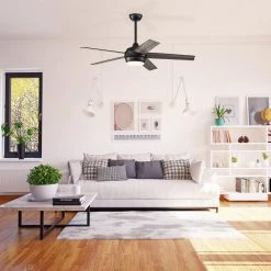 Promo 🔔 52 in. Integrated LED Indoor Matte Black 5-Blade Ceiling Fan with Light Kit and Remote Control by Edvivi 🤩 -Deals Edvivi || Atlas Store matte black textured oak edvivi ceiling fans with lights ffg7735bk 4f 1000