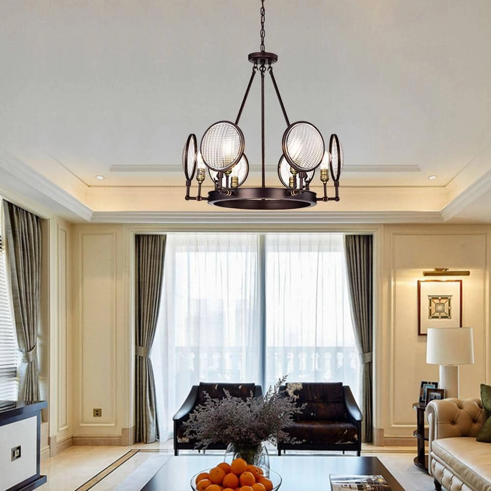 Brand new โ Cartweight Industrial 6-Light Oil Rubbed Bronze Round Wagon Wheel Chandelier with Headlight Glass by Edvivi ๐ 13 Brand new โ Cartweight Industrial 6-Light Oil Rubbed Bronze Round Wagon Wheel Chandelier with Headlight Glass by Edvivi ๐ - Image 11