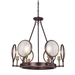 Brand new โ Cartweight Industrial 6-Light Oil Rubbed Bronze Round Wagon Wheel Chandelier with Headlight Glass by Edvivi ๐