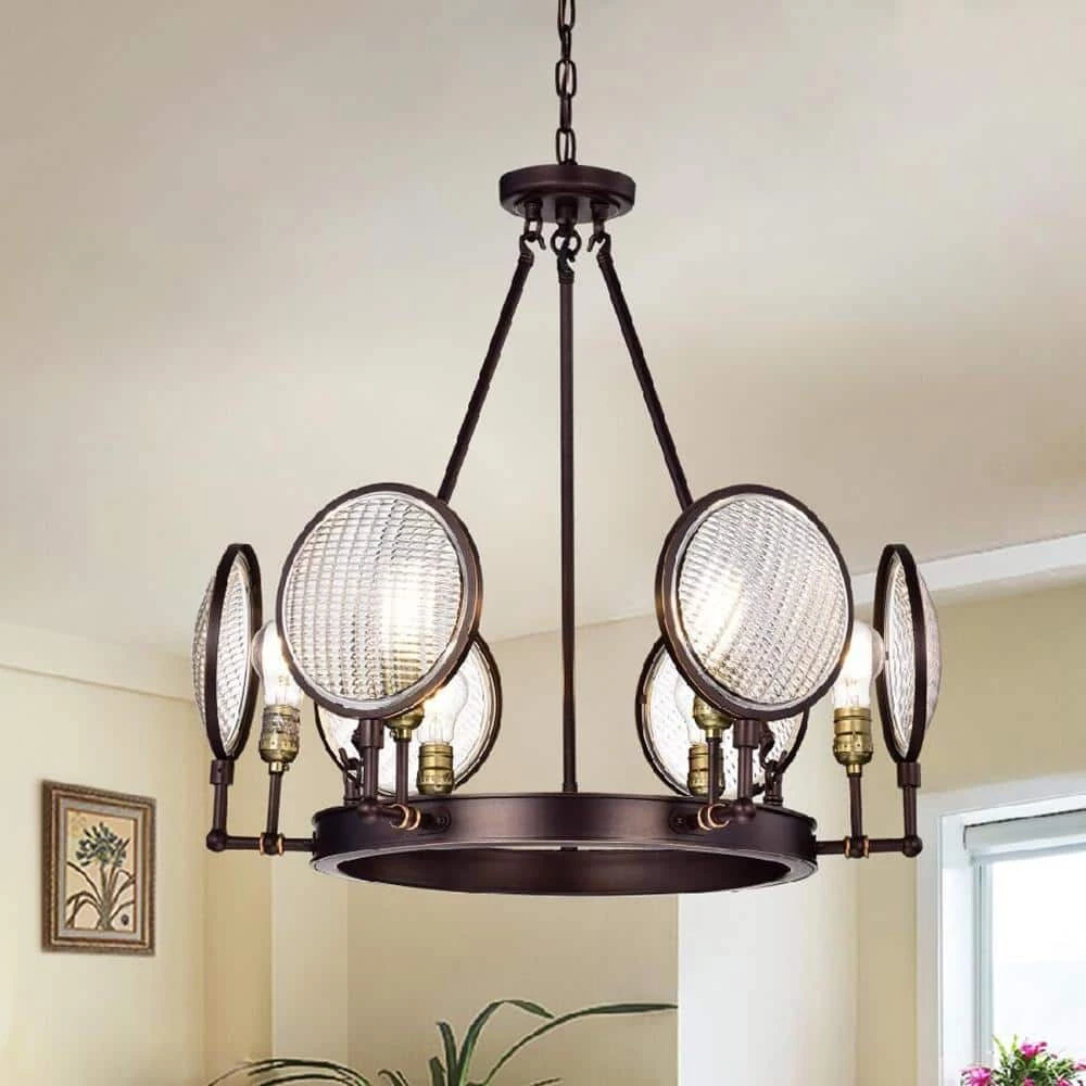 Brand new โ Cartweight Industrial 6-Light Oil Rubbed Bronze Round Wagon Wheel Chandelier with Headlight Glass by Edvivi ๐ 4 Brand new โ Cartweight Industrial 6-Light Oil Rubbed Bronze Round Wagon Wheel Chandelier with Headlight Glass by Edvivi ๐ - Image 2