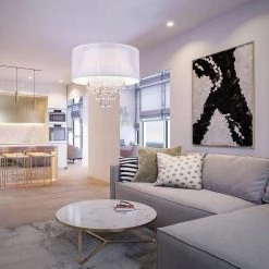 Buy 🔥 Belle Modern 4-Light Glam Chrome Round Crystal Chandelier with White Fabric Drum Shade and Hanging Crystals by Edvivi ⭐ -Deals Edvivi || Atlas Store white and chrome edvivi chandeliers epg917wh 1f 1000