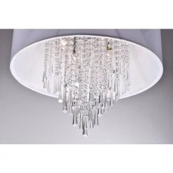 Buy 🔥 Belle Modern 4-Light Glam Chrome Round Crystal Chandelier with White Fabric Drum Shade and Hanging Crystals by Edvivi ⭐ -Deals Edvivi || Atlas Store white and chrome edvivi chandeliers epg917wh 44 1000