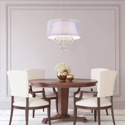 Buy 🔥 Belle Modern 4-Light Glam Chrome Round Crystal Chandelier with White Fabric Drum Shade and Hanging Crystals by Edvivi ⭐ -Deals Edvivi || Atlas Store white and chrome edvivi chandeliers epg917wh 4f 1000