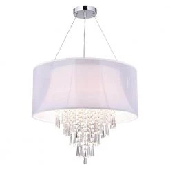 Buy ๐ฅ Belle Modern 4-Light Glam Chrome Round Crystal Chandelier with White Fabric Drum Shade and Hanging Crystals by Edvivi โญ