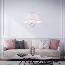 Buy 🔥 Belle Modern 4-Light Glam Chrome Round Crystal Chandelier with White Fabric Drum Shade and Hanging Crystals by Edvivi ⭐ -Deals Edvivi || Atlas Store white and chrome edvivi chandeliers epg917wh c3 1000