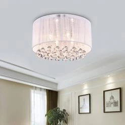 Promo 😍 Belle 4-Light Chrome Flush Mount with White Threaded Drum Shade and Clear Glass Hanging Crystals by Edvivi 👏 -Deals Edvivi || Atlas Store white chrome edvivi flush mount lights ecb902wh 31 1000