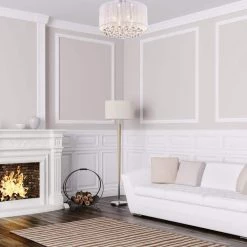 Promo 😍 Belle 4-Light Chrome Flush Mount with White Threaded Drum Shade and Clear Glass Hanging Crystals by Edvivi 👏 -Deals Edvivi || Atlas Store white chrome edvivi flush mount lights ecb902wh 44 1000