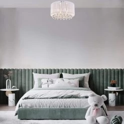 Promo 😍 Belle 4-Light Chrome Flush Mount with White Threaded Drum Shade and Clear Glass Hanging Crystals by Edvivi 👏 -Deals Edvivi || Atlas Store white chrome edvivi flush mount lights ecb902wh c3 1000