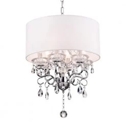 Flash Sale 👏 Belle 6-Light White Fabric Round Drum Chrome Finish Modern Chandelier with Hanging Crystals by Edvivi 🌟