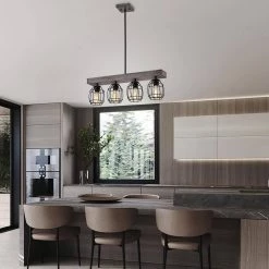 Cheapest 🧨 Triscot 4-Light Modern Farmhouse Gray Wood Linear Pendant with Black Cage by Edvivi 😍 -Deals Edvivi || Atlas Store wood and black edvivi chandeliers epd4595bk 31 1000