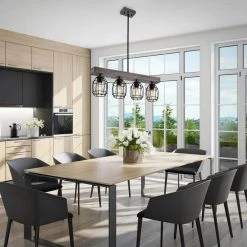 Cheapest 🧨 Triscot 4-Light Modern Farmhouse Gray Wood Linear Pendant with Black Cage by Edvivi 😍 -Deals Edvivi || Atlas Store wood and black edvivi chandeliers epd4595bk c3 1000