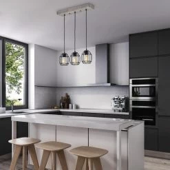 Best Sale ⭐ Triscot 3-Light Modern Farmhouse Gray Wood Linear Pendant with Black Cage by Edvivi 💯 -Deals Edvivi || Atlas Store wood and black edvivi chandeliers epk4505bk 31 1000